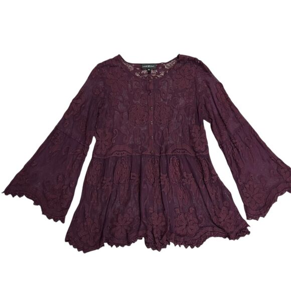 Lane Bryant Burgundy Sheer Embroidered Lace Babydoll Peplum LS Top Size 14/16 - Picture 2 of 13